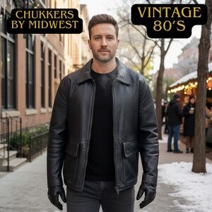 VINTAGE CHUKKERS by MIDWEST Men's Black Leather Insulated Car Coat L